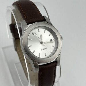 Women's Quartz Watch Silver 29mm Case Brown Leather Band- New Battery